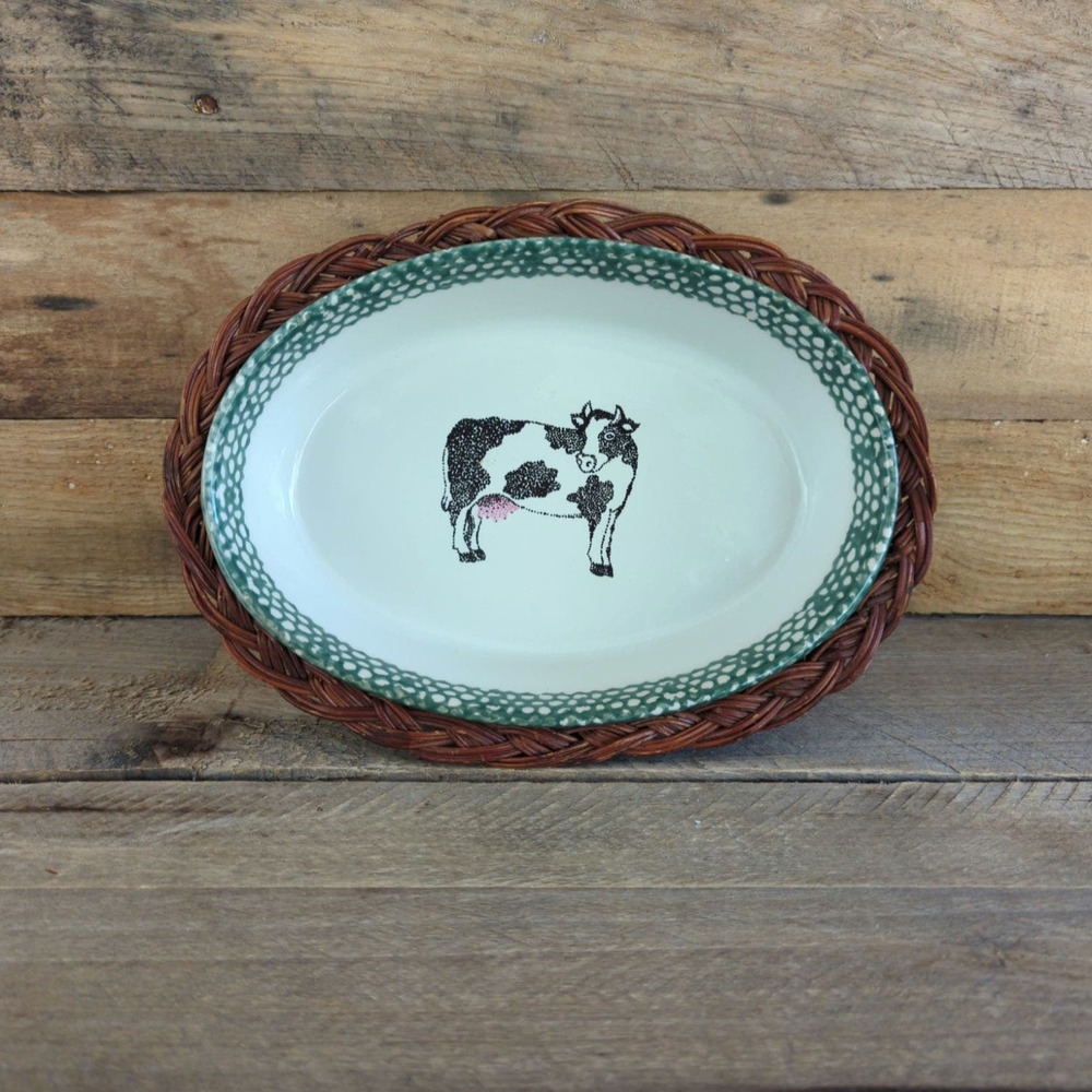 Vintage 1995 Stoneware Cow Casserole Dish by Teamson with Serving Basket